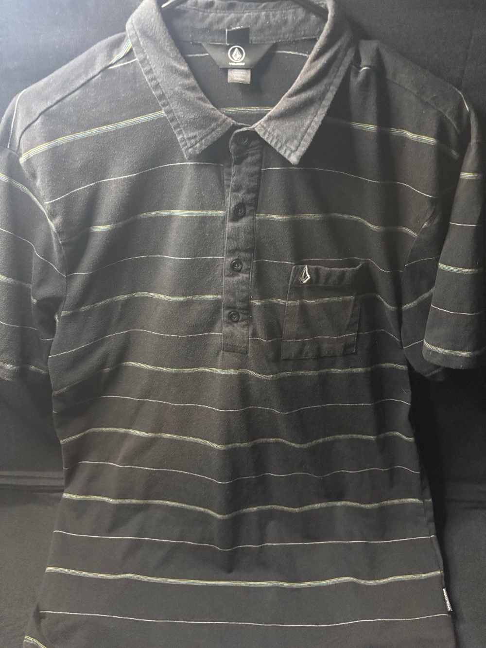 Vintage Y2K Volcom Striped Rugby Polo Black Blue Yellow Mens Large.